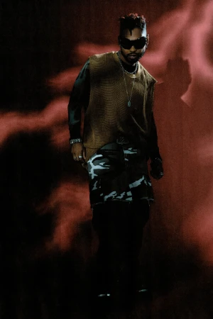 Man wearing dark sunglasses, brown knit vest, and camouflage shorts against a dramatic red textured background.