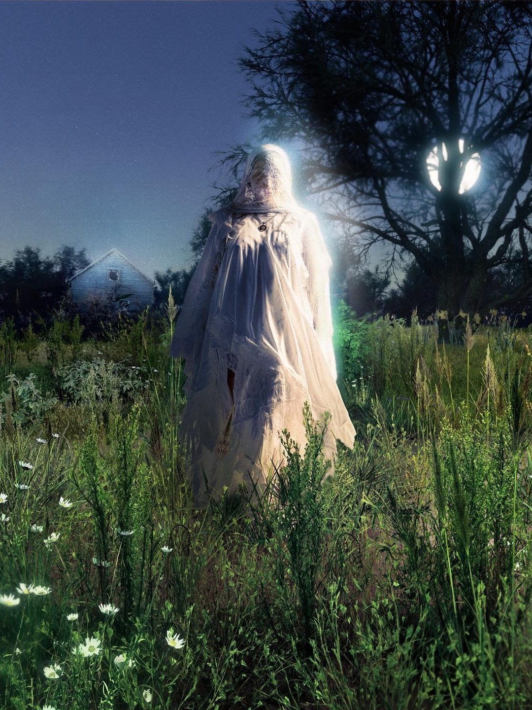 Person in white fabric walking through field with daisies, illuminated by a light source; house and trees visible in background.