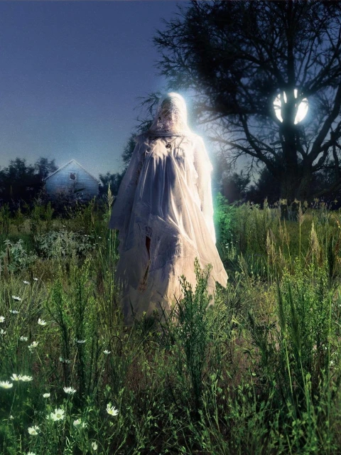 Person in white fabric walking through field with daisies, illuminated by a light source; house and trees visible in background.
