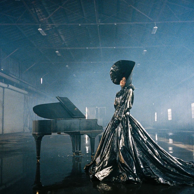 Dramatic fashion portrait in warehouse: Woman in black gown and large hat stands by piano in dim, atmospheric lighting.