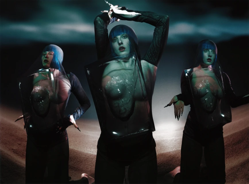 Three women with blue wigs and unique clothing pose in an artistic photo. The scene features a surreal, staged setting with dramatic lighting.