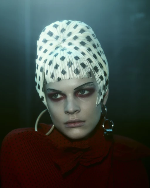 Close-up of a woman with fair skin, wearing a patterned white head covering, red top, and hoop earrings, set against a dark background.