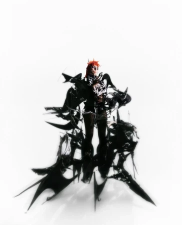 Model wearing avant-garde black sculptural garments against a stark white background by Maleeka Moss