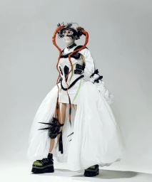 Model in avant-garde white dress with voluminous skirt, platform boots, and elaborate braided hairpieces against a white background