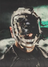Portrait of a person wearing an elaborate metal strap mask by Maleeka Moss