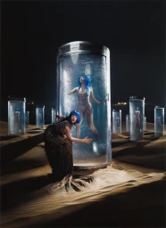 Woman in dark fringed dress with blue hair beside a large vertical glass capsule containing another woman in a desert at night.