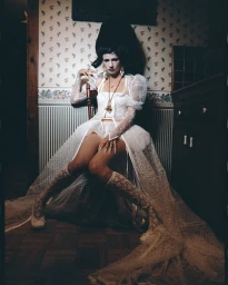 Model in elaborate white lace gown with towering black hair seated on a wooden chair against floral wallpaper by Maleeka Moss
