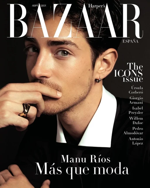 Harper's Bazaar España cover featuring a close-up of Manu Ríos, highlighting fashion and entertainment in a studio environment with mood lighting.