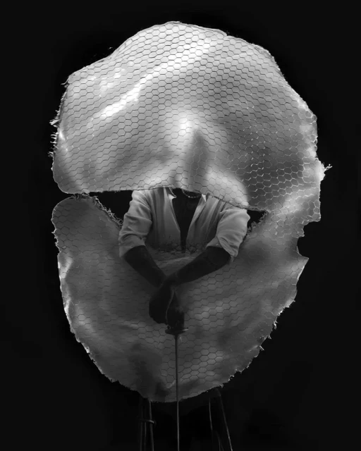 Artistic black-and-white portrait of an adult with arms crossed, visible through a textured, abstract screen, against a dark backdrop.
