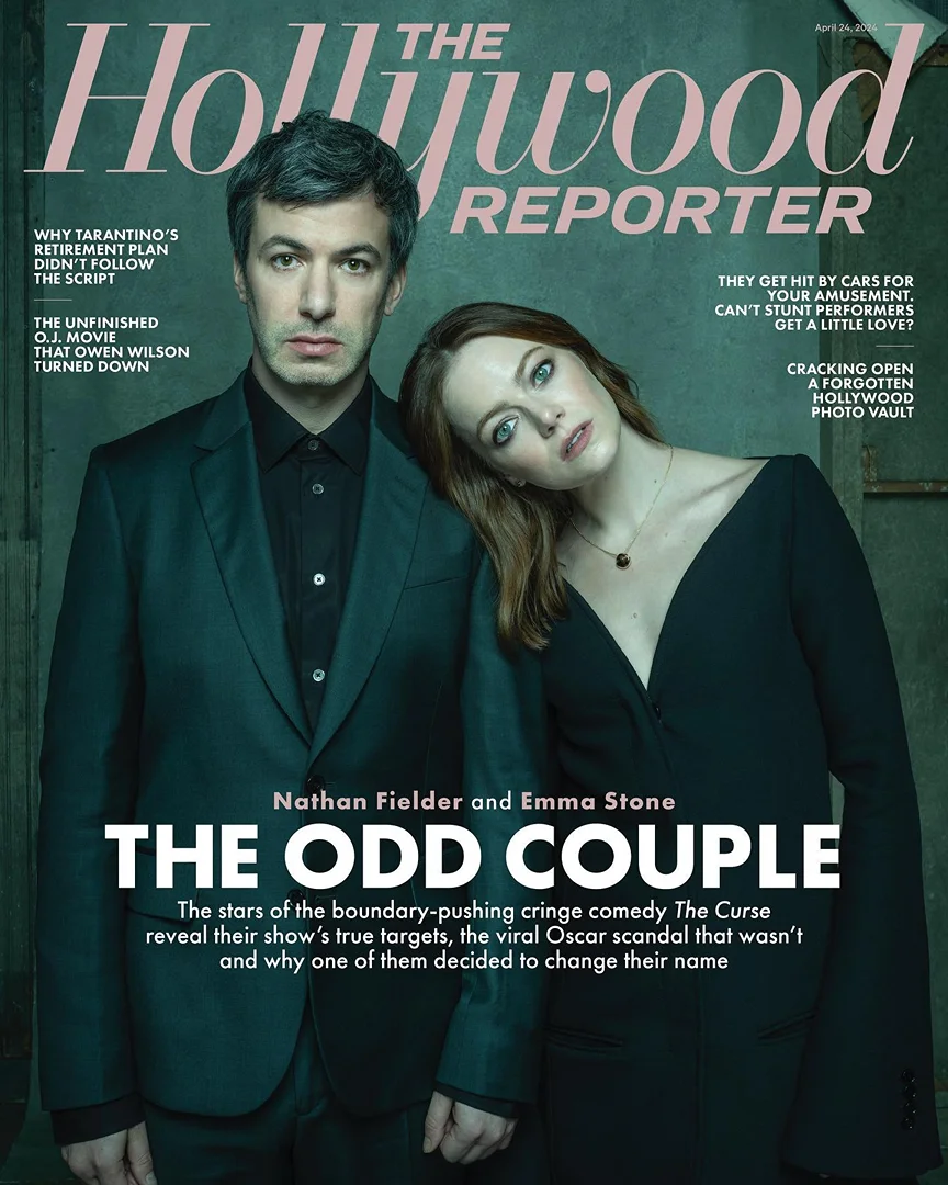Magazine cover featuring Nathan Fielder and Emma Stone. The Hollywood Reporter cover features the actors in dark clothing, posed closely together.