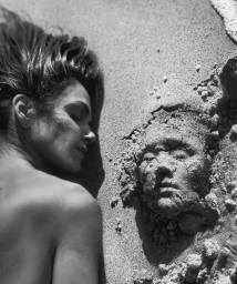 Black and white portrait of a woman lying on sand next to a sand sculpture of a face styled by Marco Milani