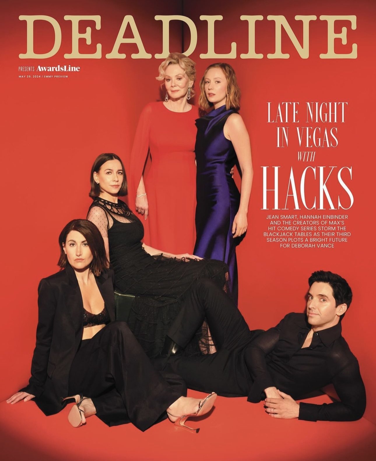 Deadline magazine cover featuring the cast of Hacks; Jean Smart, Hannah Einbinder and creators in formal wear against a red backdrop.