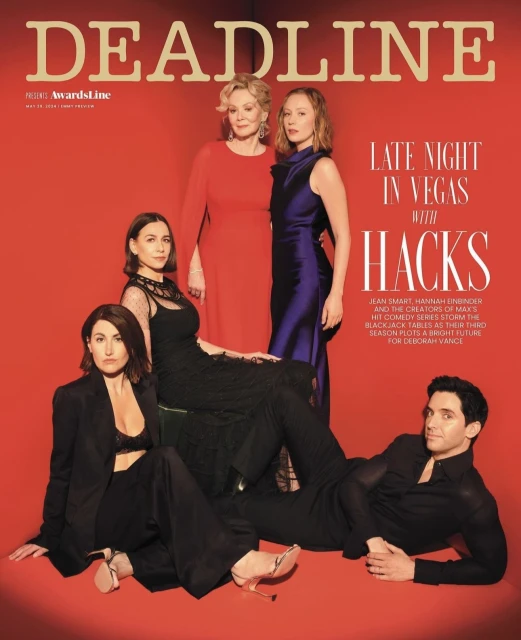 Deadline magazine cover featuring the cast of Hacks; Jean Smart, Hannah Einbinder and creators in formal wear against a red backdrop.