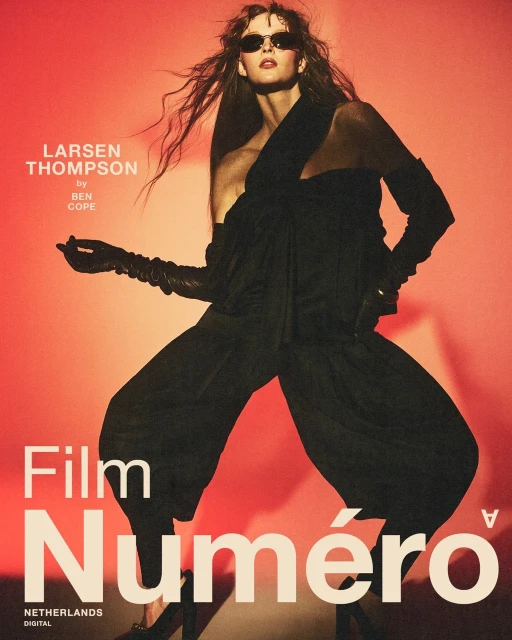 Fashion editorial cover of Numero magazine featuring a posing woman in black clothing, long gloves, and sunglasses on a gradient red background.