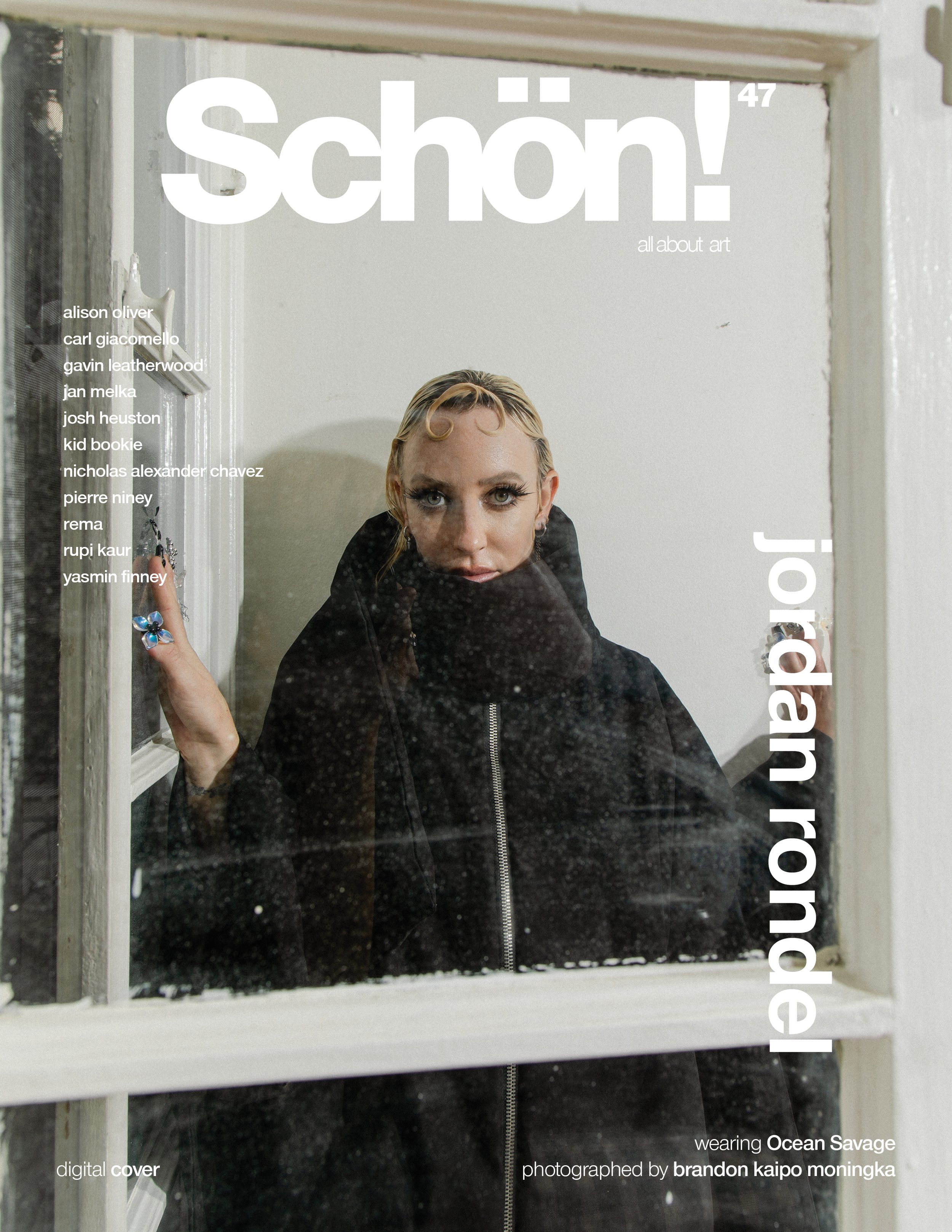 Schön! magazine cover featuring Jordan Rondel in a black hooded coat framed by a window, with white text and a minimalist aesthetic.