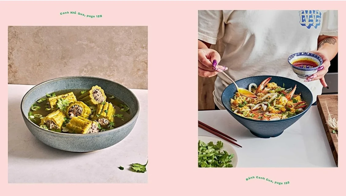 Overhead shot of two food dishes: one is Vietnamese bitter melon soup and one is Vietnamese crab noodle soup in bowls on a table.