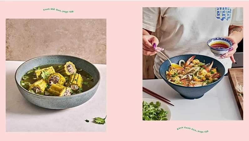 Overhead shot of two food dishes: one is Vietnamese bitter melon soup and one is Vietnamese crab noodle soup in bowls on a table.