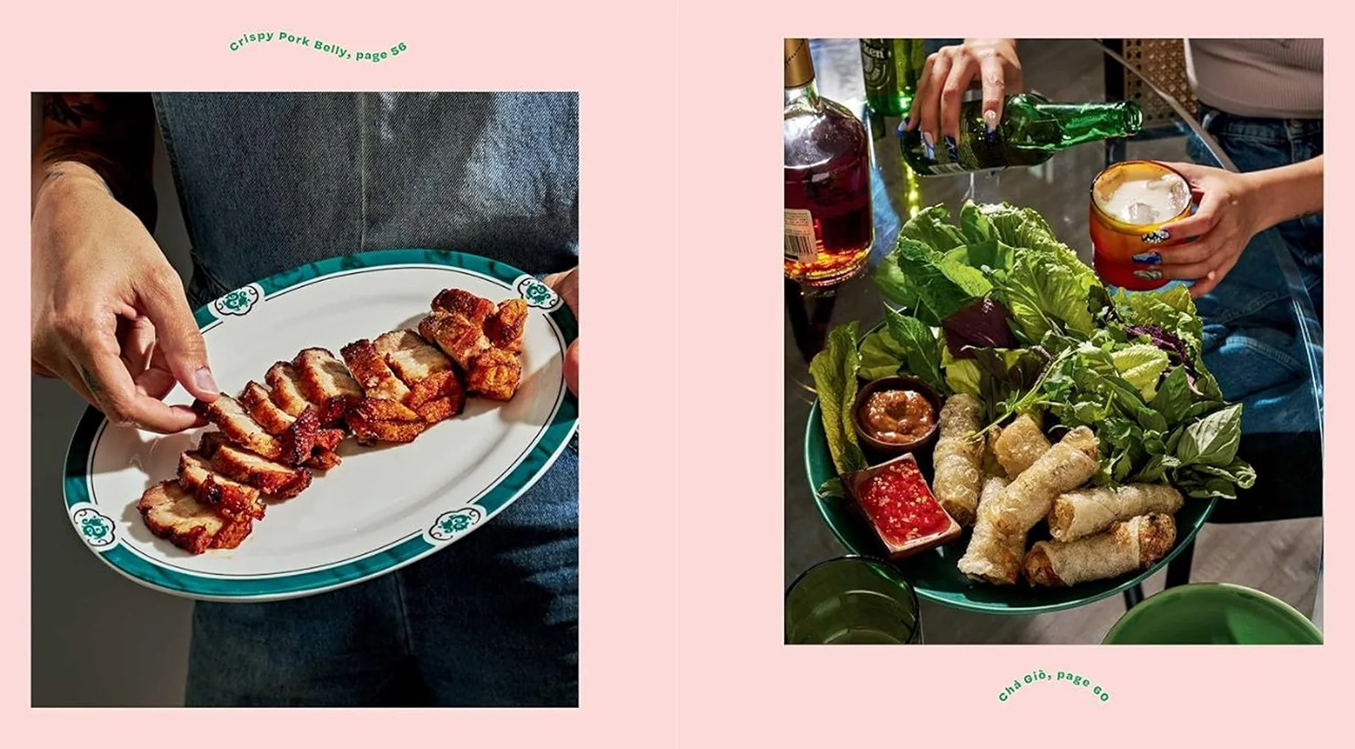 Crispy pork belly slices on a plate, served with Vietnamese spring rolls, dipping sauces, and greens. Food photography for a cookbook.