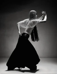 Monochrome portrait of a model wearing a chainmail headpiece and cape, long black skirt, and styled nails by Marielle Co.