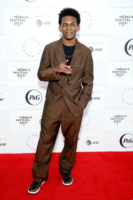 Portrait of a dark-skinned male in a brown suit on a red carpet with event logos in the background; style is modern and fashionable.