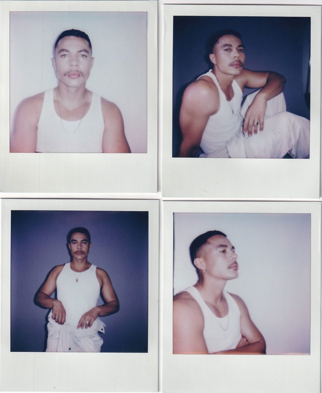 Four polaroid portraits of a man with a mustache wearing a white tank top against gray and white studio backgrounds in a square collage.