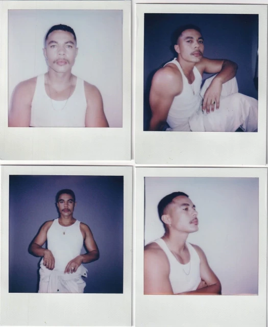 Four polaroid portraits of a man with a mustache wearing a white tank top against gray and white studio backgrounds in a square collage.