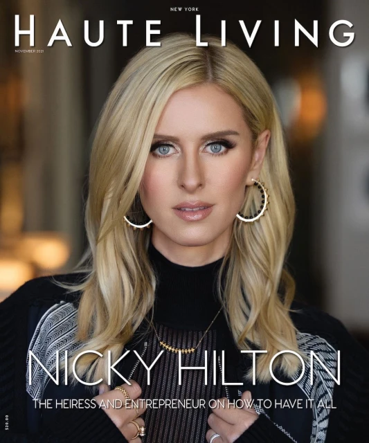 Magazine cover featuring a close-up of Nicky Hilton with blonde hair, wearing gold earrings and a black and white patterned sweater.