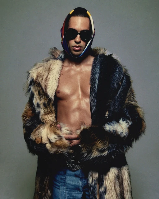 An adult male poses in a fur coat and jeans with a headscarf and sunglasses against a plain gray backdrop in a studio setting.
