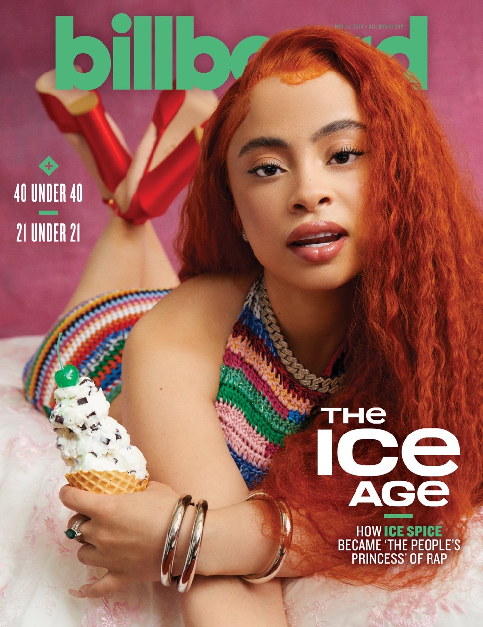 Billboard magazine cover featuring Ice Spice in a colorful outfit holding ice cream, lounging on a pink surface with red high heels visible.