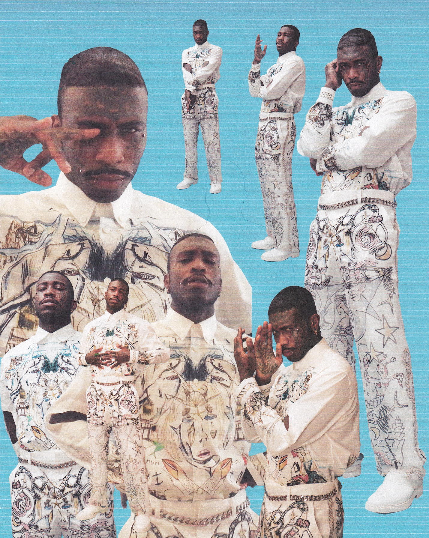 Collage of multiple images of a black man wearing a white patterned matching shirt and trousers against a textured blue background.