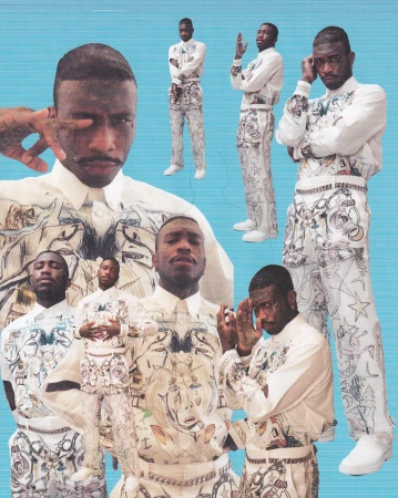 Collage of multiple images of a black man wearing a white patterned matching shirt and trousers against a textured blue background.