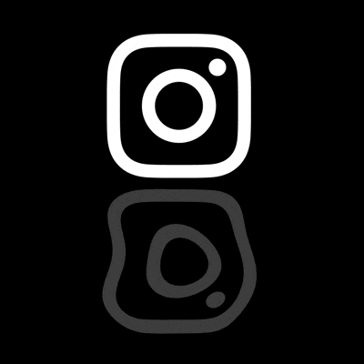 White Instagram logo centered on a black background with reflection, simple graphic design with social media icon.