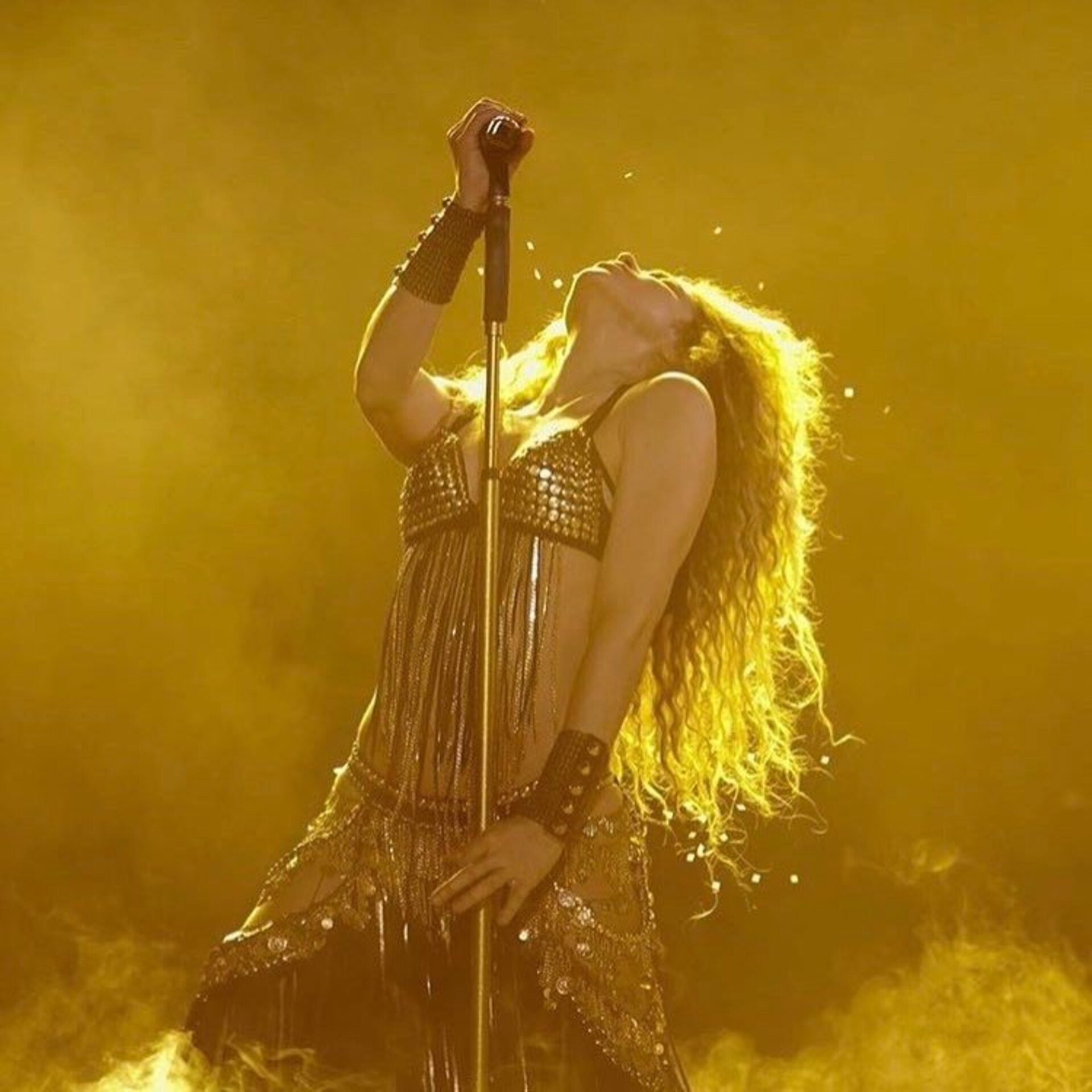 Adult woman performing on stage with a microphone, wearing beaded bra top and hip scarf, long blonde curly hair, illuminated by stage lights.