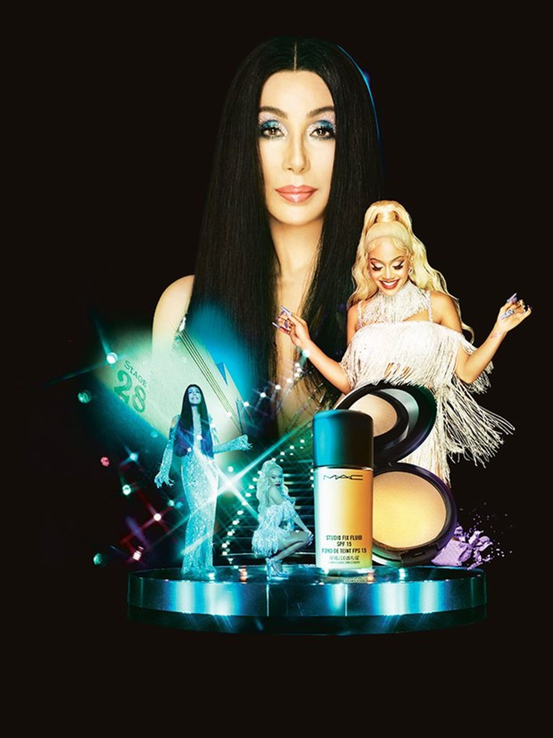 Cosmetics advertisement featuring Cher, a drag queen, and M.A.C. makeup products against a dark backdrop with blue stage lighting.