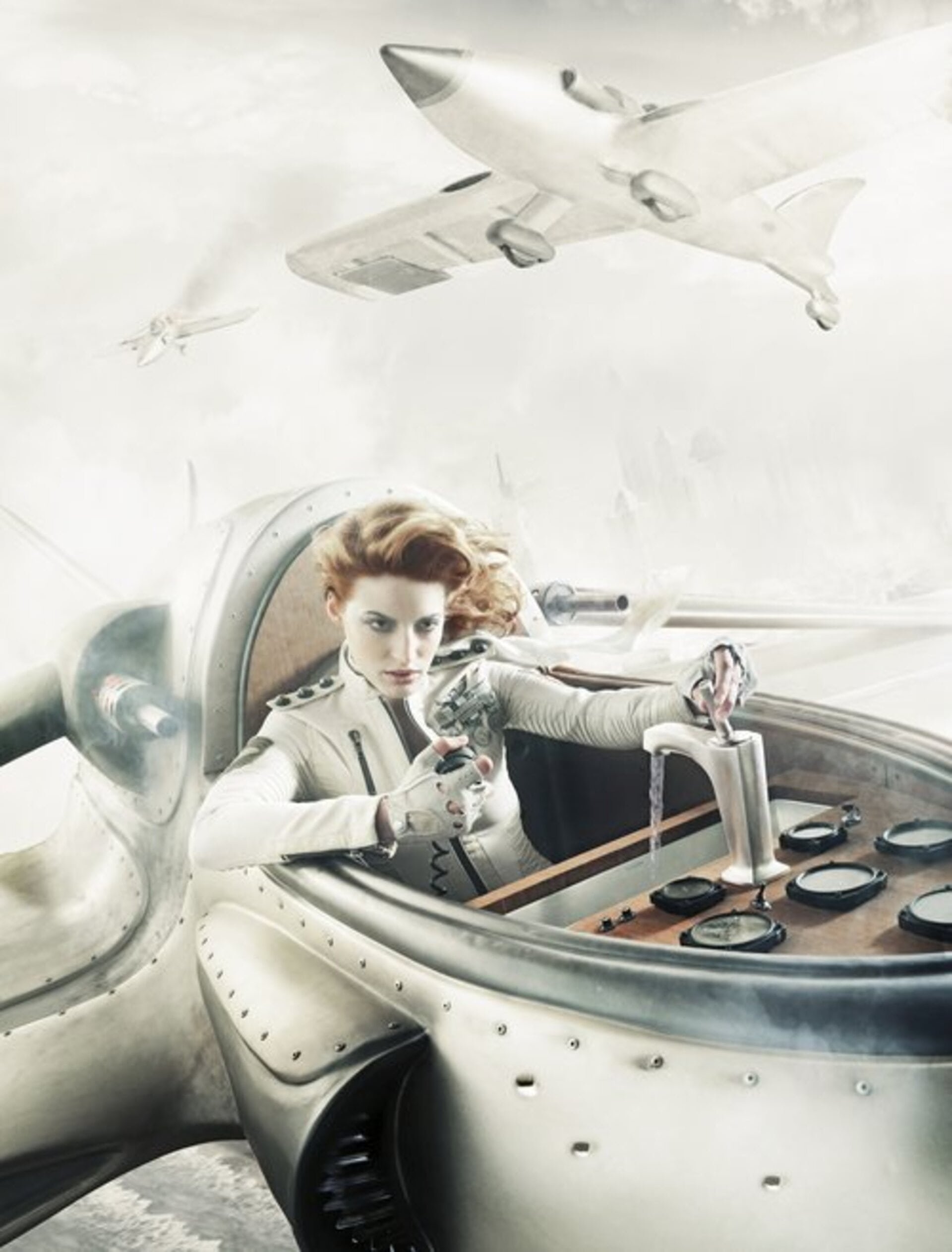Woman in a white military-style uniform piloting a futuristic aircraft against a cloudy sky with other aircraft in the distance.