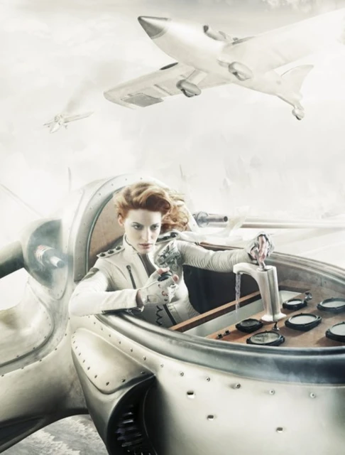 Woman in a white military-style uniform piloting a futuristic aircraft against a cloudy sky with other aircraft in the distance.