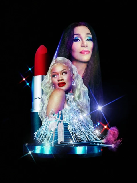 Beauty advertisement featuring two adult women wearing makeup, next to a tube of lipstick and makeup brushes against a dark backdrop.