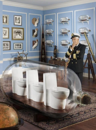 Humorous juxtaposition of navy admiral standing next to a large bottle containing miniature toilets, set against a blue-toned room.