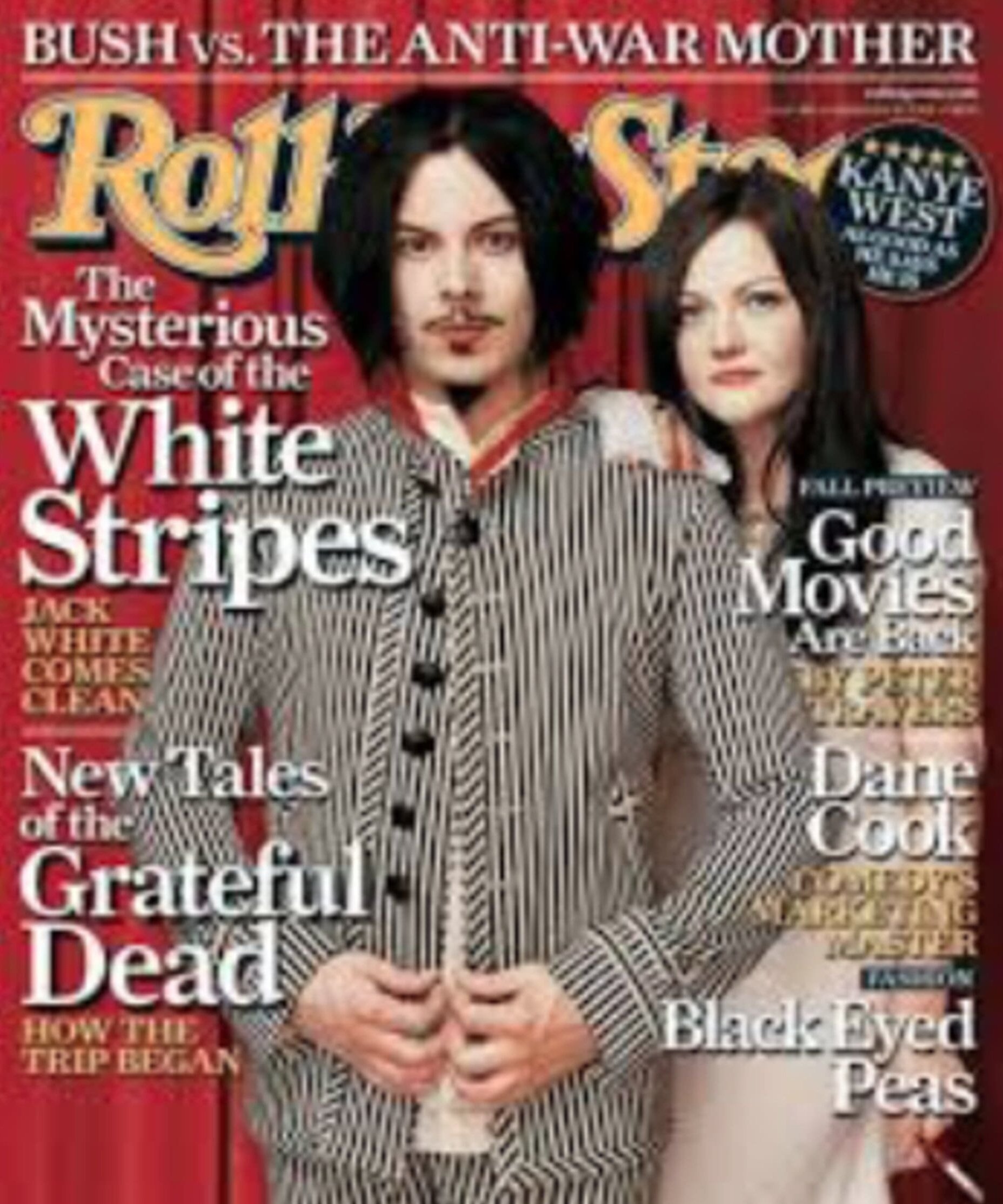 Rolling Stone magazine cover featuring Jack and Meg White of The White Stripes, in a full shot, against a red and white background with text.