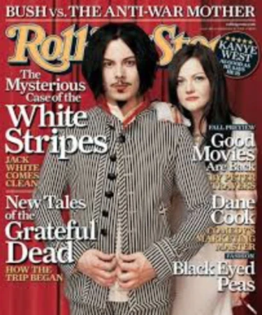 Rolling Stone magazine cover featuring Jack and Meg White of The White Stripes, in a full shot, against a red and white background with text.