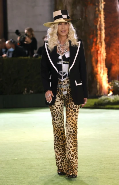 Cher poses on a green carpet, wearing a black blazer, patterned pants, a wide-brim hat, and layered jewelry during an event.
