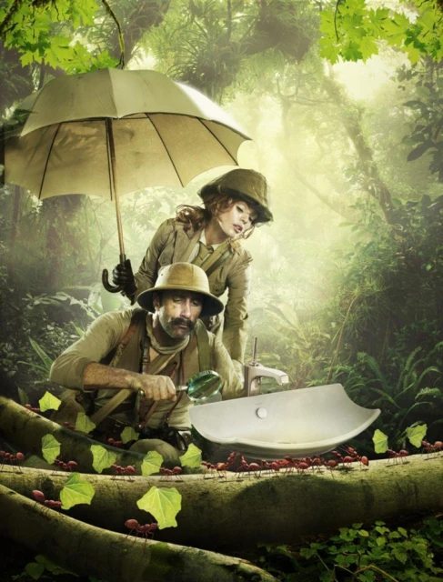 Two explorers in safari outfits examine a bathroom sink on a log in the jungle. One holds a magnifying glass, another an umbrella.
