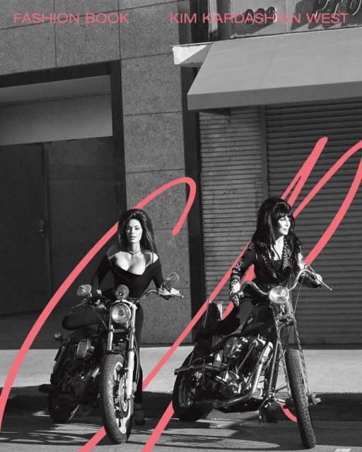 Black and white fashion editorial featuring two women riding motorcycles in an urban setting with bold pink graphic design elements.