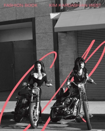Black and white fashion editorial featuring two women riding motorcycles in an urban setting with bold pink graphic design elements.