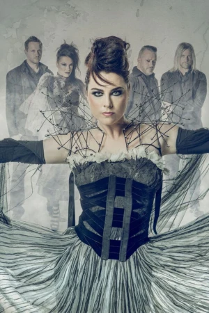 Band photo features a female lead singer in a striped dress, standing in front of the rest of the band in a grey indoor setting.