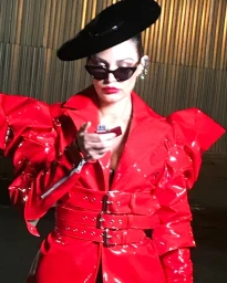 Woman in red patent leather coat, cat-eye sunglasses, and black beret holding a small red object