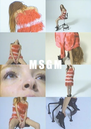 Multi-panel image collage showing a model with red hair wearing a fringed coral dress and black boots in a white studio setting.
