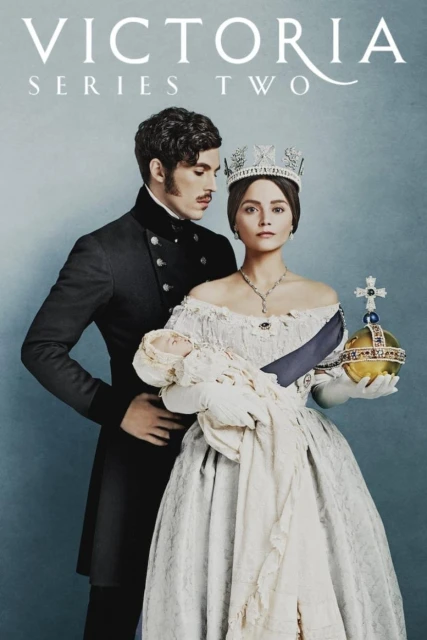 Promotional image for Victoria series two featuring a man and woman in formal wear holding a baby on a blue background.