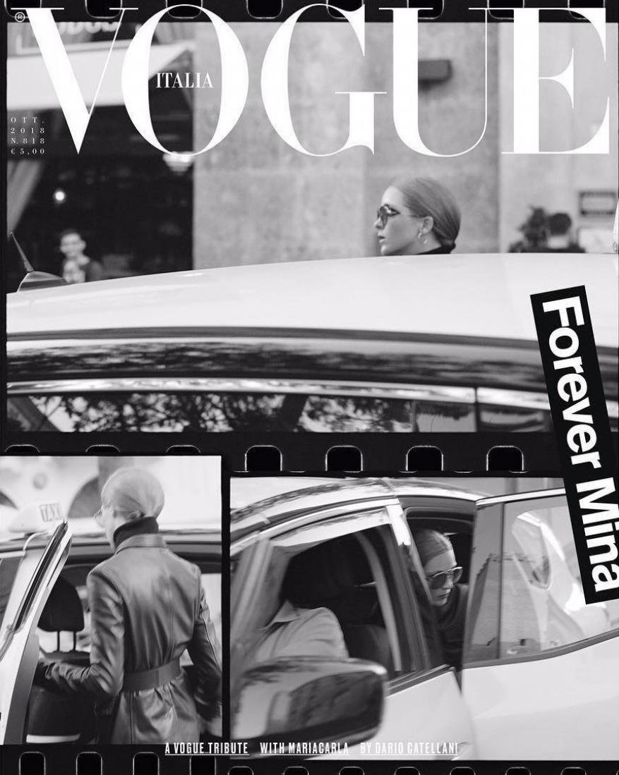 Vogue Italia cover in black and white featuring a woman getting out of a car, shot in a film-like style, with text overlay.