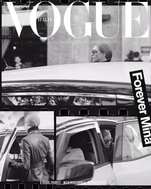 Vogue Italia cover in black and white featuring a woman getting out of a car, shot in a film-like style, with text overlay.